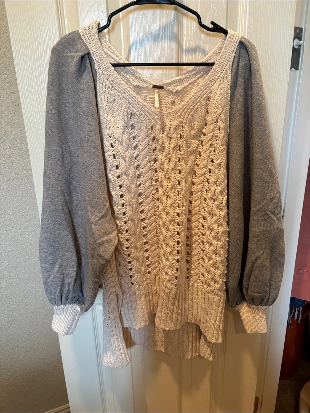 Free People Hideaway Cable Pullover Sweater Ivory Gray Oversized Small